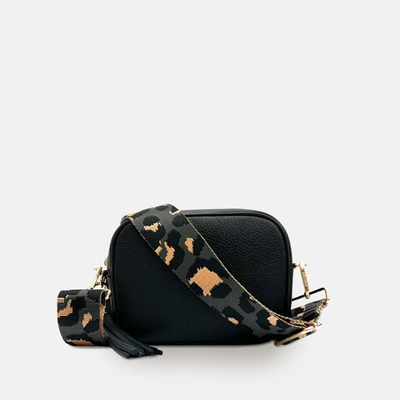 Apatchy London Black Leather Crossbody Bag With Navy Leopard Strap