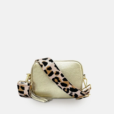Apatchy London Gold Leather Crossbody Bag With Pale Pink Leopard Strap