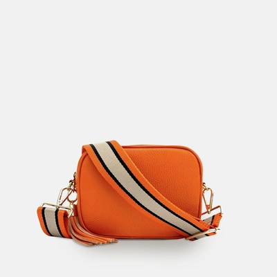 Apatchy London Orange Leather Crossbody Bag With Orange, Tan & Black Stripe Strap