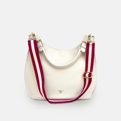 Apatchy London The Harriet Stone Leather Bag With Red And Gold Stripe Strap In White