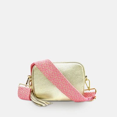 Apatchy London Gold Leather Crossbody Bag With Neon Pink Cross-stitch Strap In White