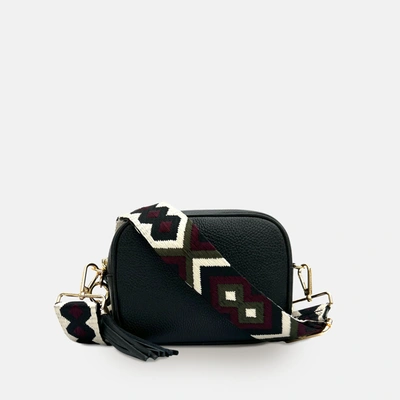 Apatchy London The Mini Tassel Black Leather Phone Bag With Port & Olive Diamond Strap