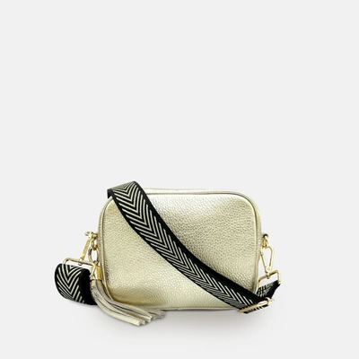 Apatchy London Gold Leather Crossbody Bag With Black & Gold Chevron Strap