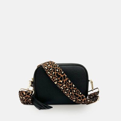 Apatchy London Black Leather Crossbody Bag With Tan Cheetah Strap