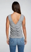 CHASER TRIBLEND RIB SHIRRED BACK V MUSCLE TANK IN STREAKY GREY