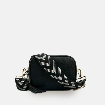 Apatchy London Black Leather Crossbody Bag With Neon Mustard Woven Strap