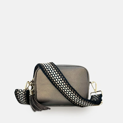 Apatchy London Bronze Leather Crossbody Bag With Cappuccino Dots Strap In Grey