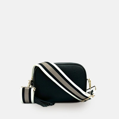Apatchy London Black Leather Crossbody Bag With Latte Stripe Strap