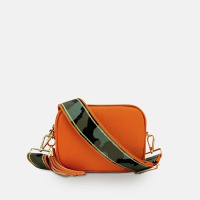 Apatchy London Orange Leather Crossbody Bag With Orange & Gold Stripe Camo Strap