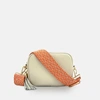 APATCHY LONDON STONE LEATHER CROSSBODY BAG WITH ORANGE CROSS-STITCH STRAP