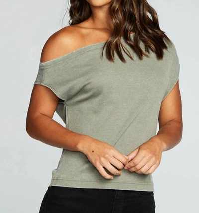 Chaser Rpet Vintage Rib Off Shoulder Top In Dill In Green