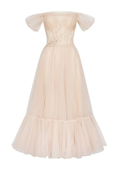 Milla Off-the-shoulder Cocktail Tulle Dress In Beige