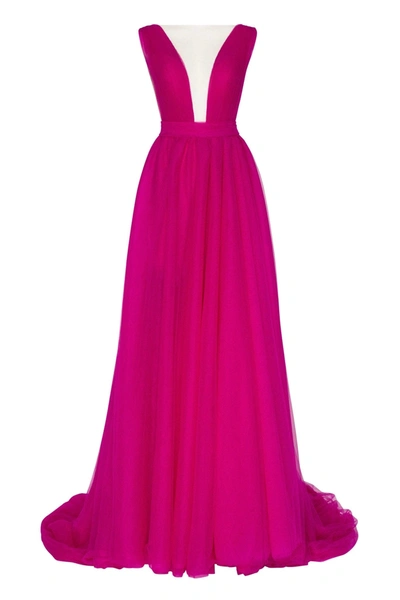 Milla Fuchsia Bow-back Maxi Evening Tulle Dress