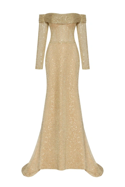 Milla Golden Romantic Off-the-shoulder Sparkling Long Dress