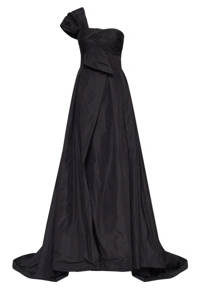 Milla Black Taffeta Evening Gown With A High Slit And One-shoulder Wrap Top