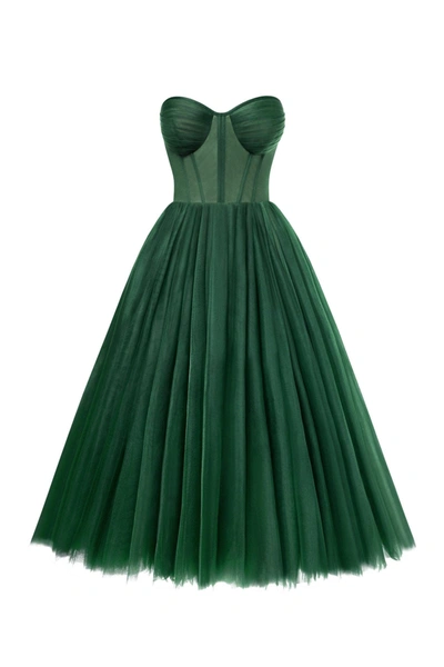 Milla Emerald Green Strapless Puffy Midi Tulle Dress