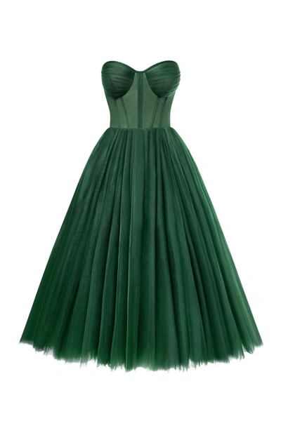 MILLA EMERALD GREEN STRAPLESS PUFFY MIDI TULLE DRESS