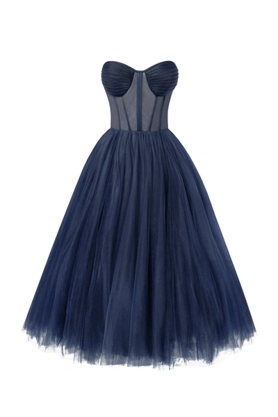 MILLA NAVY STRAPLESS PUFFY MIDI TULLE DRESS