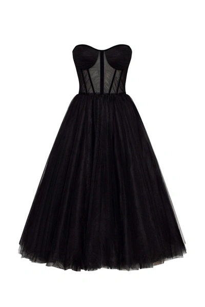 Milla Black Strapless Puffy Midi Tulle Dress