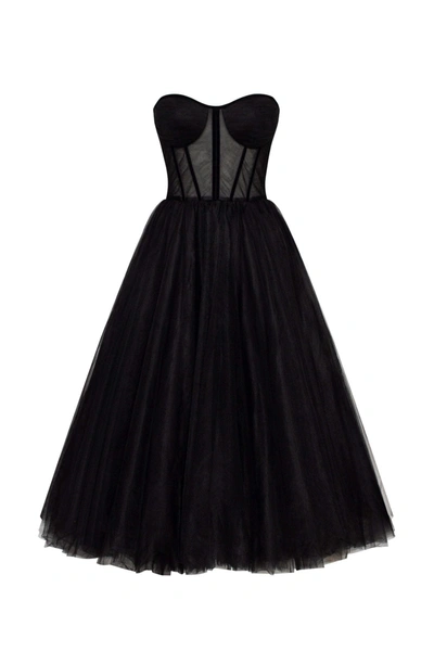 MILLA BLACK STRAPLESS PUFFY MIDI TULLE DRESS