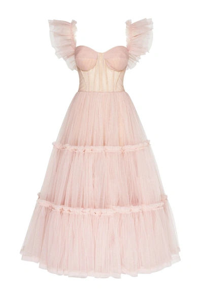 Milla Misty Rose Ruffled Tulle Midi Dress In Pink