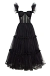 MILLA BLACK RUFFLED TULLE MIDI DRESS