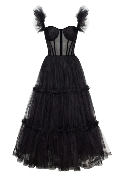 Milla Black Ruffled Tulle Midi Dress