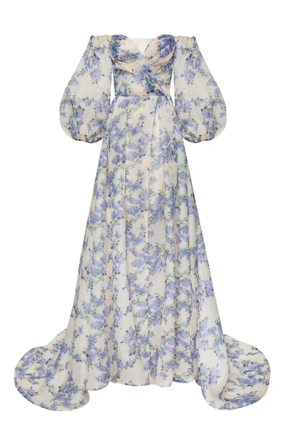 Milla Hydrangea Elegant Floral Puff Sleeve Maxi Dress