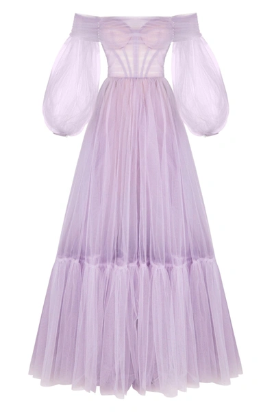Milla Lavender Sheer Sleeves Maxi Tulle Dress In Purple