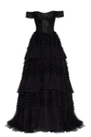 MILLA BLACK OFF-THE-SHOULDER FRILL-LAYERED GOWN