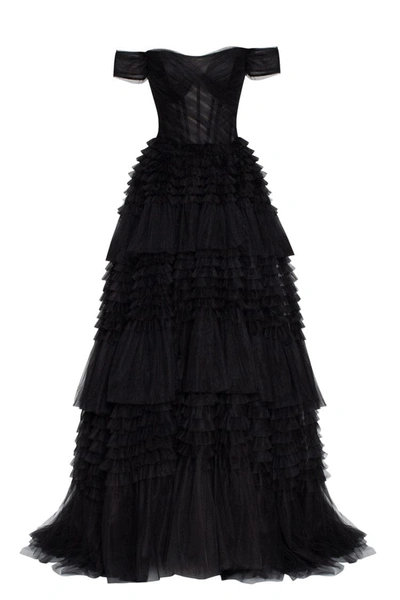 Milla Black Off-the-shoulder Frill-layered Gown