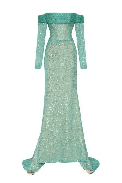 Milla Mint Green Romantic Off-the-shoulder Sparkling Long Dress