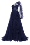 Milla Royal Navy Tulle Gown With Detachable Sleeve In Navy