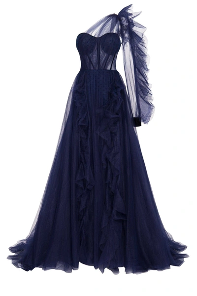 Milla Royal Navy Tulle Gown With Detachable Sleeve