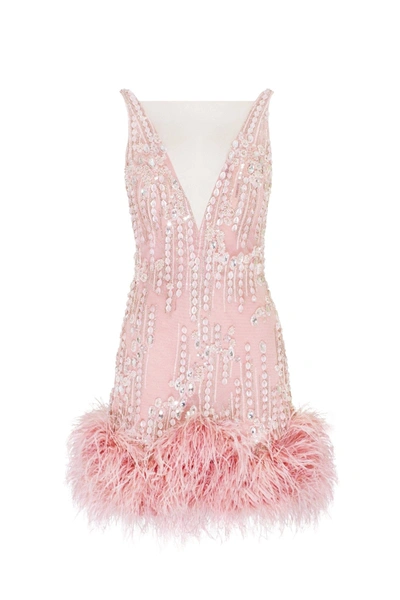 Milla Fabulous Mini Dress On Straps Adorned With Crystals And Feathers In Misty Rose