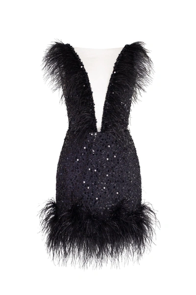 Milla Dramatic Cocktail Dress On Straps Decorated With Sequins And Feathers In Black