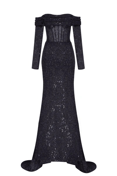 Milla Elegant Black Off-the-shoulder Sparkling Maxi Dress