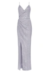 Milla Spaghetti Straps Silver Sparkling Wrapped Maxi Dress In Silver