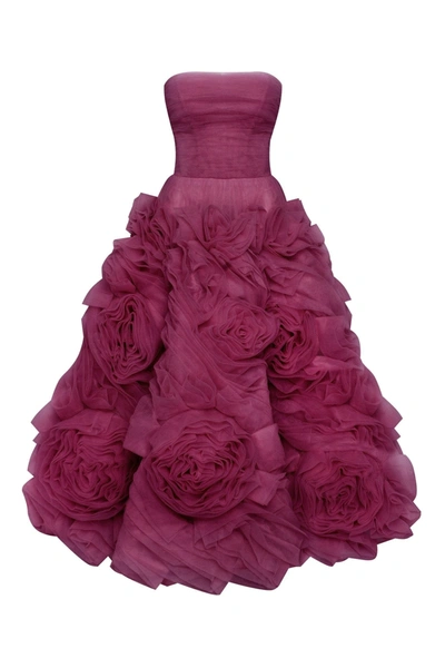 Milla Dramatically Flowered Tulle Dress In Wine Color