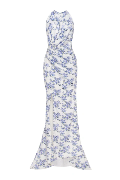 Milla Blue Hydrangea Mock Neck Sleeveless Evening Dress