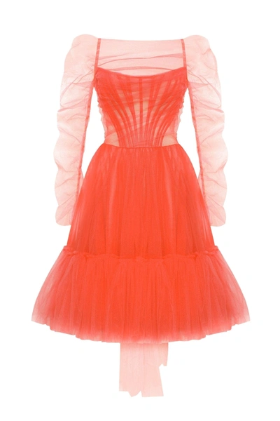 Milla Passion Strapless Tulle Mini Dress In Red Coral Color