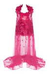 MILLA EPIC FUCHSIA TULLE MINI DRESS WITH FLORAL AND FEATHER APPLICATION