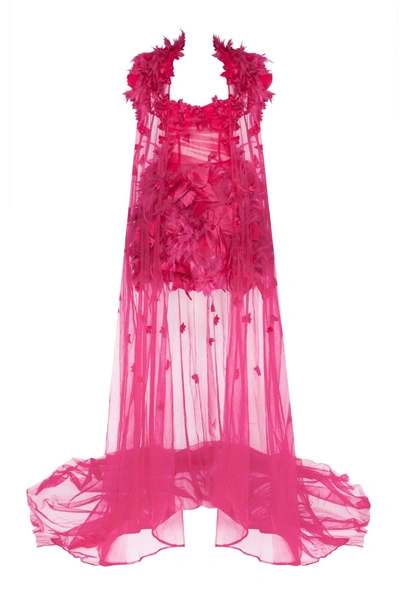 Milla Epic Fuchsia Tulle Mini Dress With Floral And Feather Application