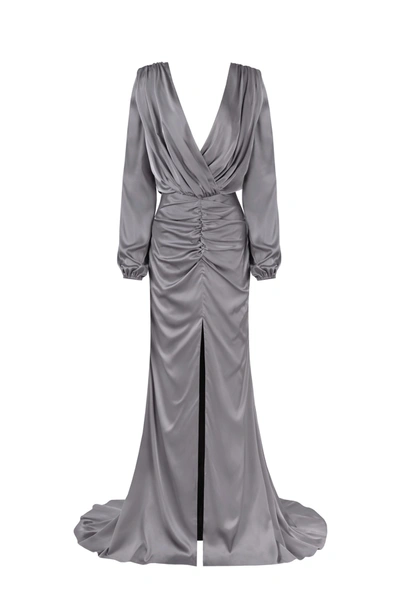 Milla Fancy Dusty Blue Silk Maxi Evening Dress In Silver