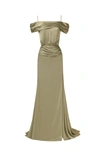 Milla Elegant Olive Off-the-shoulder Silk Maxi Dress In Misty Rose