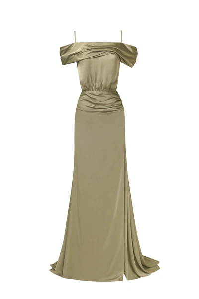 Milla Elegant Olive Off-the-shoulder Silk Maxi Dress In Misty Rose