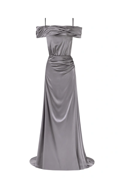 Milla Elegant Dusty Blue Off-the-shoulder Silk Maxi Dress In Olive
