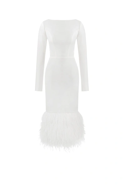 Milla Glamorous Feather-trimmed Midi Dress In Ivory