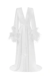 Milla Delicate Feather-trimmed Satin Robe In Ivory
