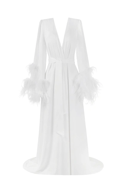 Milla Delicate Feather-trimmed Satin Robe In Ivory